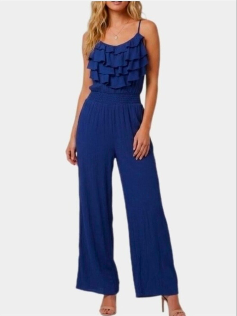 Toxik3 Jumpsuit Ruffled Tiered Bodice Sleeveless Blue Size L